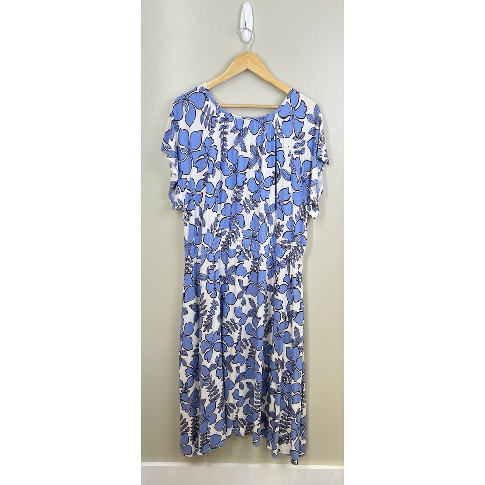 Nicole Miller Blue Floral Split Neck Short Sleeve Midi Dress Womans Size 1X